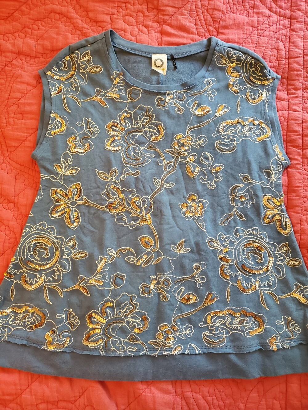 Blue Floral Cotton Embroidered Sleeveless Top - Gold Accent